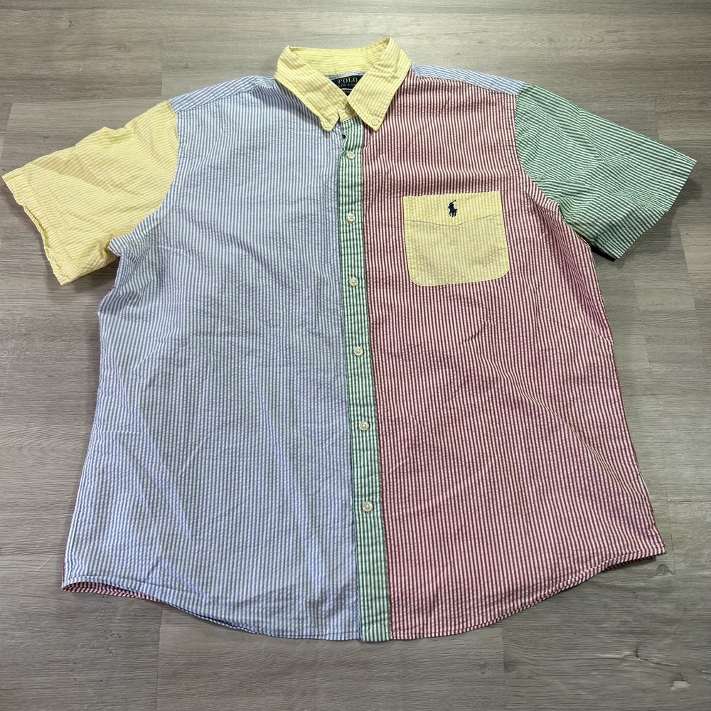 Polo Ralph Lauren Shirt Mens XL Seersucker Patchwork Short Sleeve Button Up